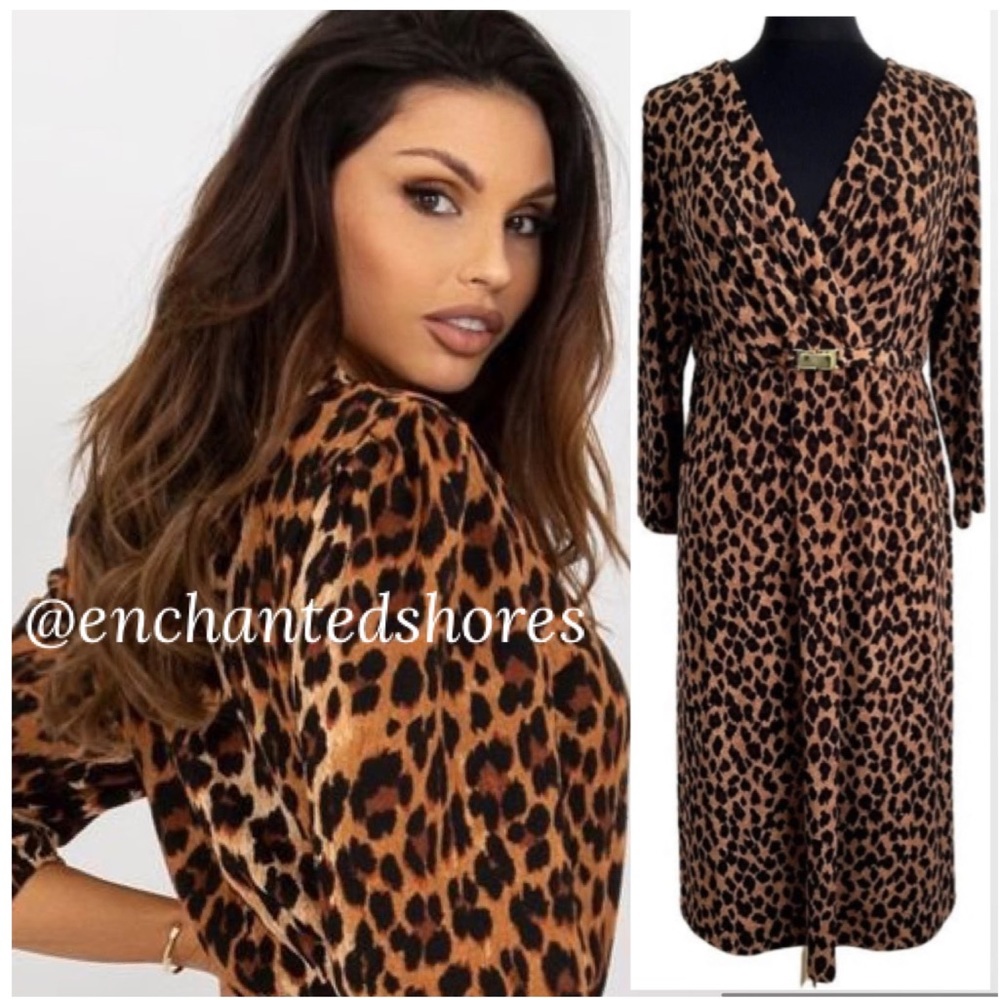 Slinky Leopard Dress Sexy Coquette Wrap Stretch Gold Brown Black Size Small